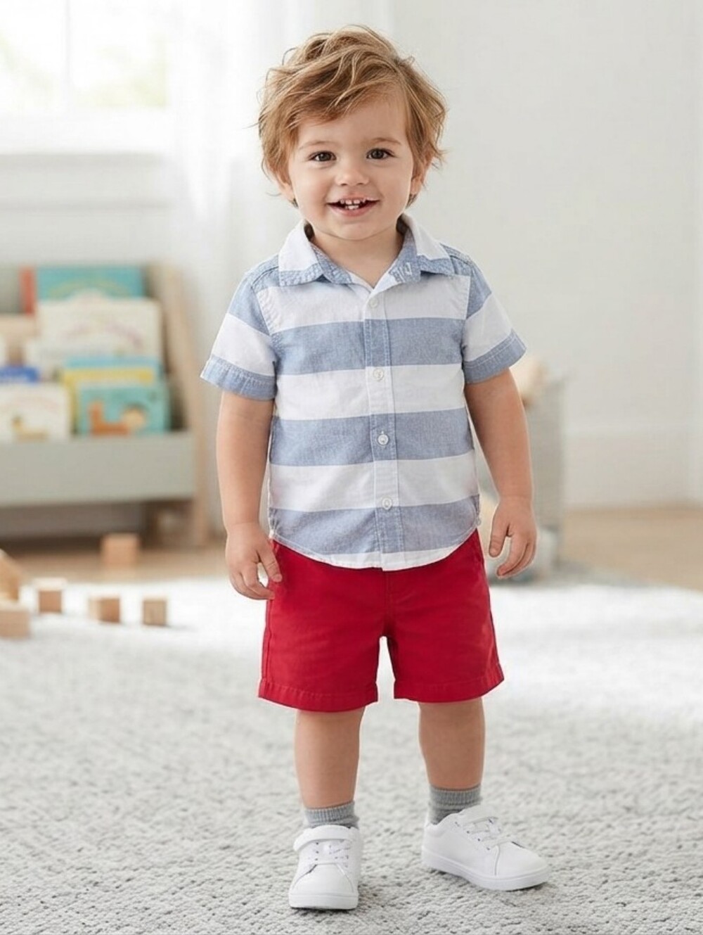 Old Navy 18-24M Vibrant Red Shorts With A Button Up Shirt
